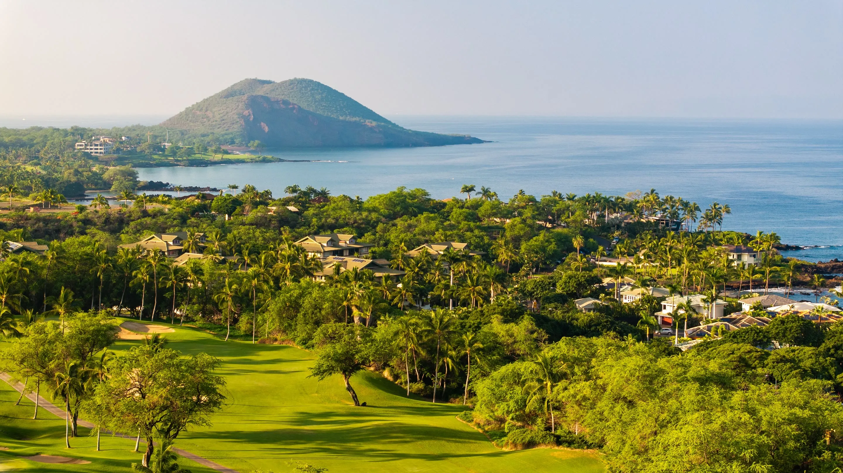 Resort villas among palms above the ocean