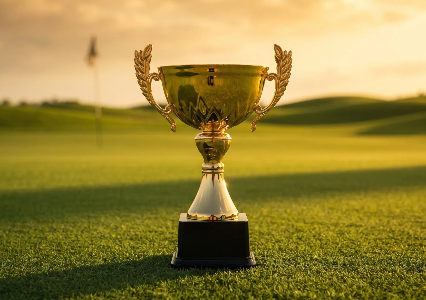 Golden trophy on a fairway at sunset