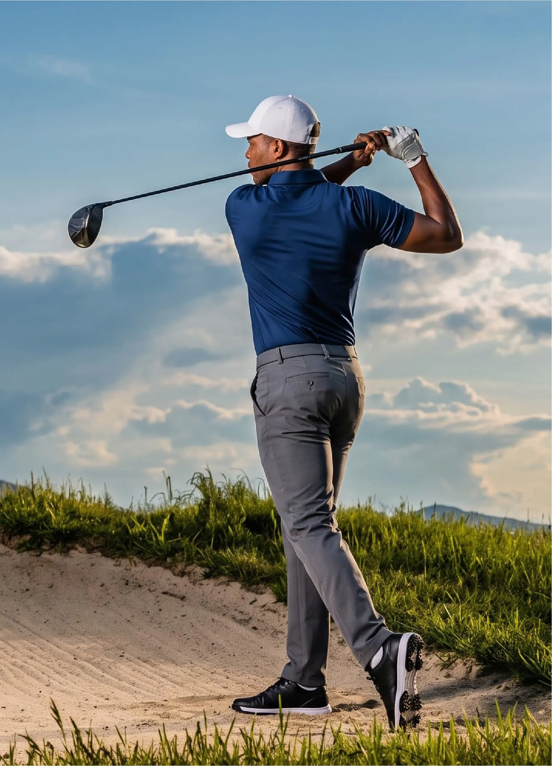 Golfer finishing a drive beside a sand bunker